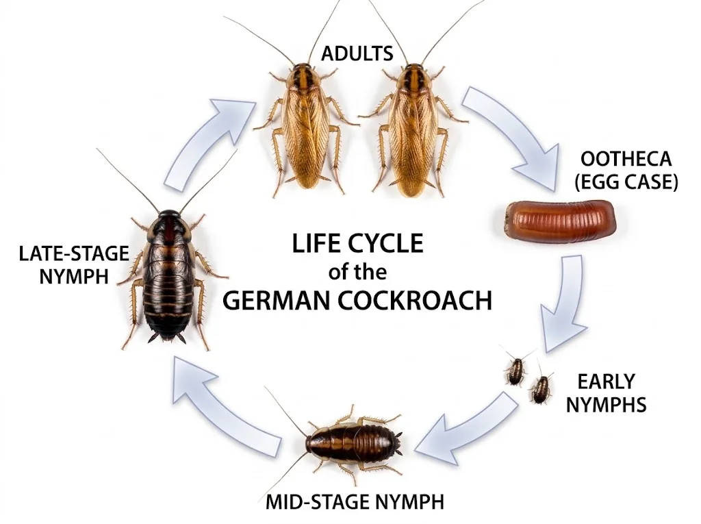 German cockroach life-stage illustration showing an egg case, early, mid and late nymphs, and adults