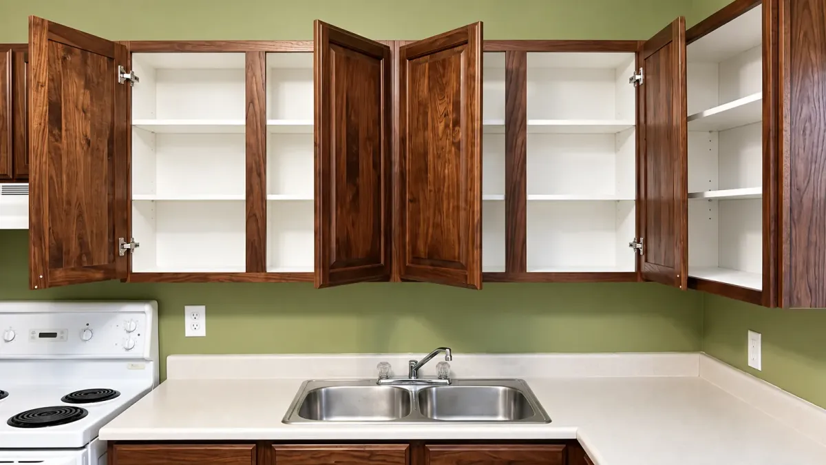 Open, empty kitchen cabinets above a clear countertop and sink, ready for a cockroach inspection