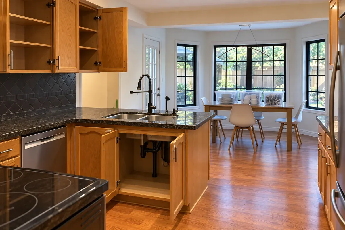 Prepared kitchen with empty open cabinets, a clear walkway and dishes protected in closed storage tubs away from the treatment area