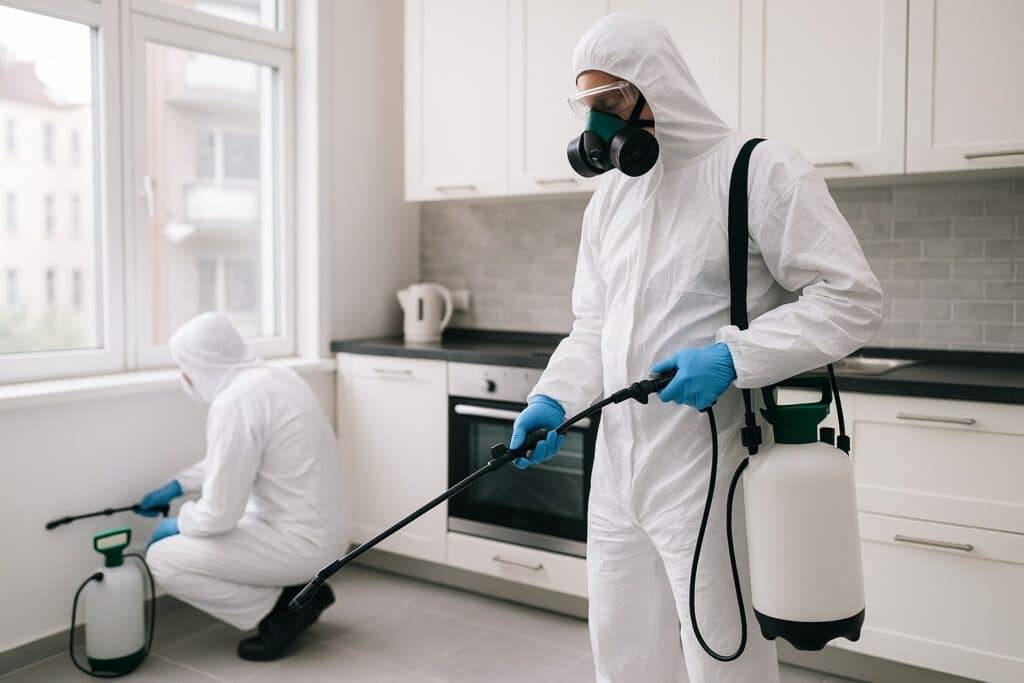 Pest control technician in a protective suit spraying along kitchen cabinets