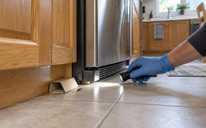 A gloved hand using a flashlight to inspect a kitchen floor beside a refrigerator and cockroach monitoring trap